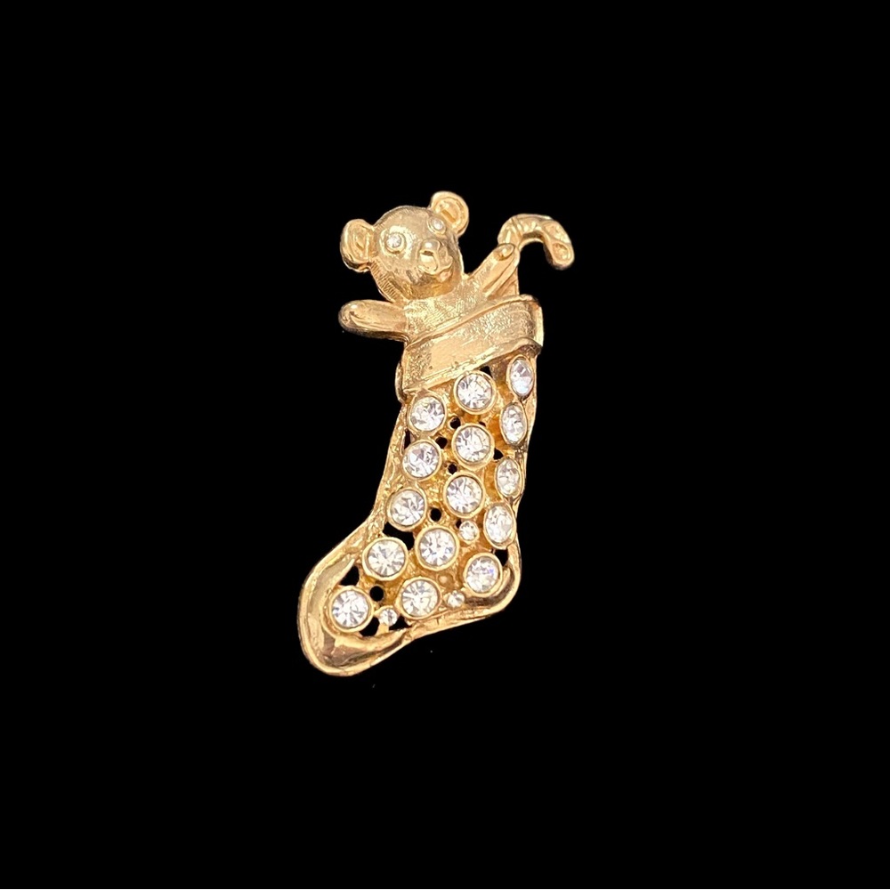 Jeweled Christmas Teddy Bear Stocking Elegant Accent Gold Brooch: